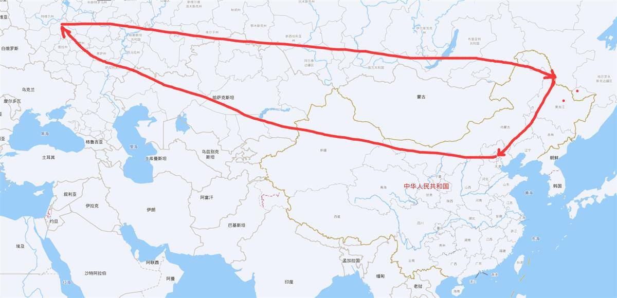 从黑河绕行北京、莫斯科到布拉戈维申斯克的路线