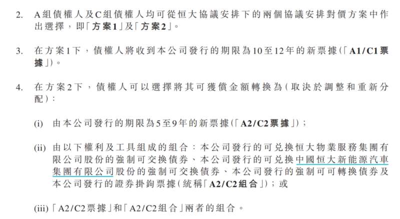 中国恒大此前披露的债务重组方案，其主要通过两种方式对境外债进行重组